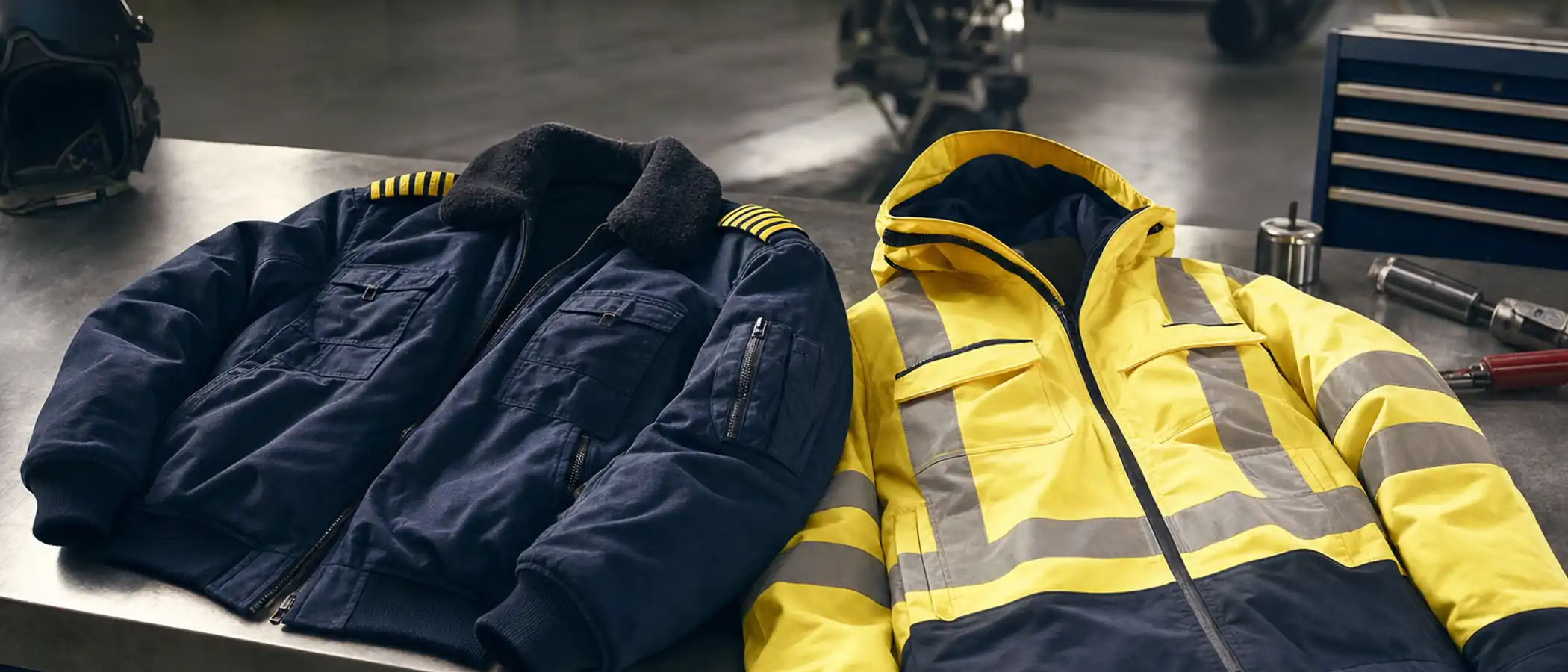Werkbank met een marineblauw pilotjack en een geel hi-vis jack met reflectiestrepen