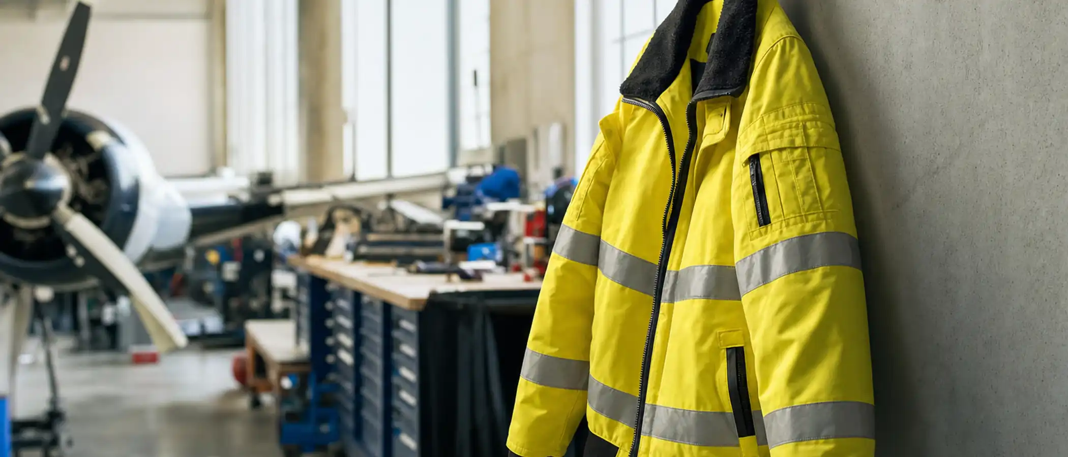 Geel hi-vis werkpilotenjack met reflecterende strepen op een hanger in een werkplaats